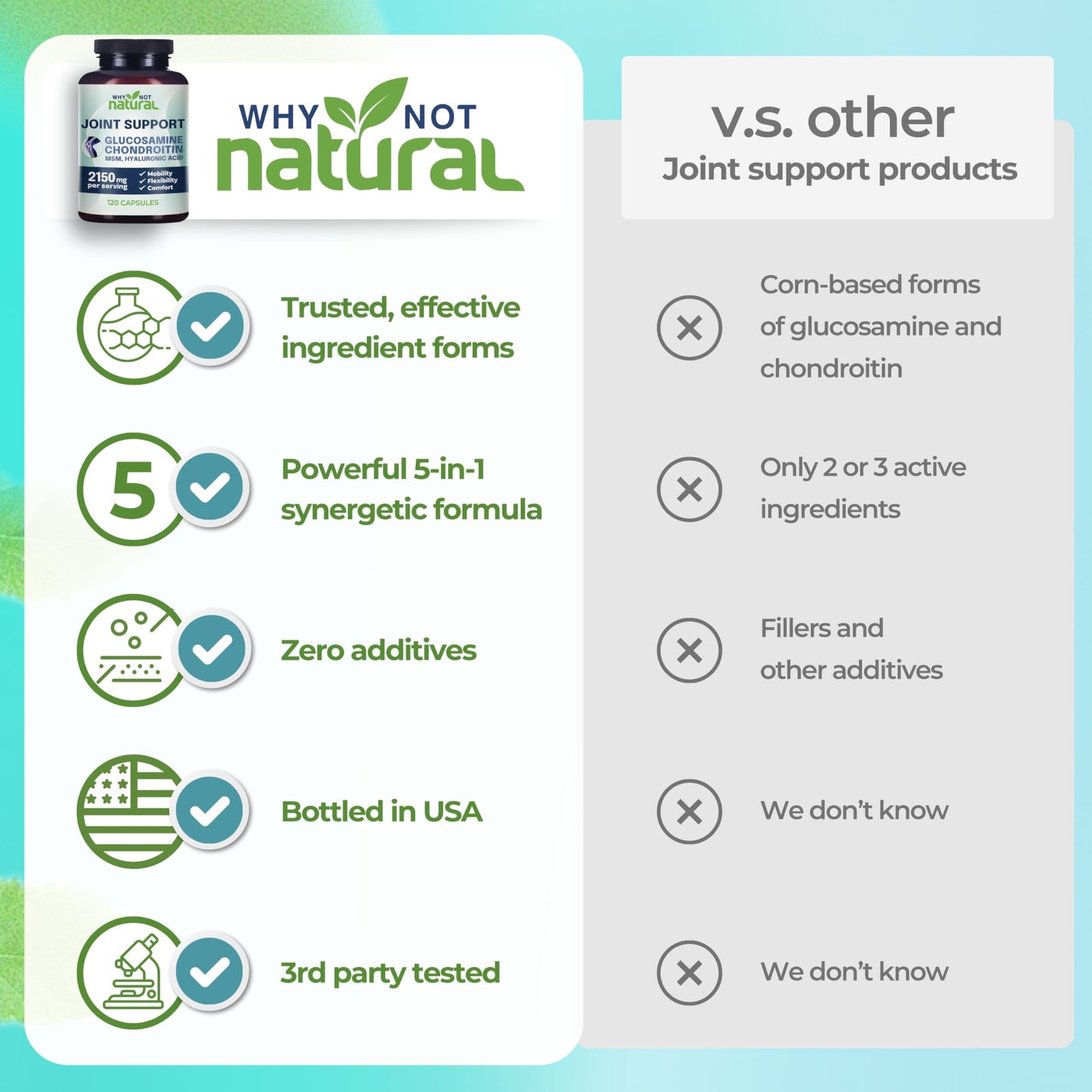 Why Not Natural Glucosamine Chondroitin, MSM, Joint Support Supplements | Knee Pain & Joint Health