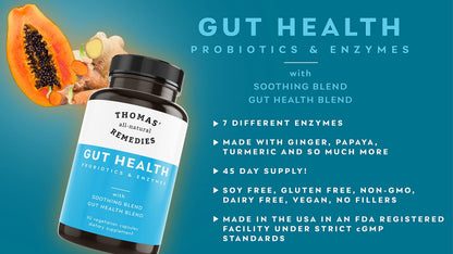 Thomas' all-natural Remedies Gut Health with Digestive Enzymes, Probiotics, Ginger, Papaya, and Turmeric for Digestion and Bloating Relieve