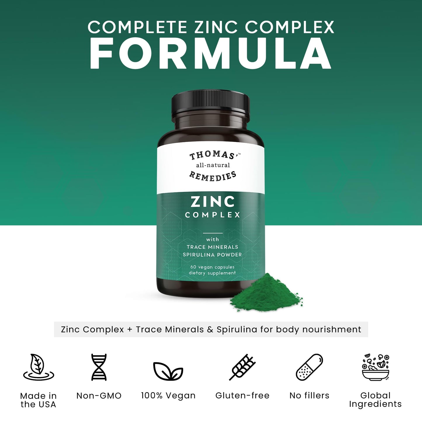 Thomas Zinc Complex 26mg – 6 Forms + Spirulina | Immune & Skin Support | 60 Caps | Made in USA