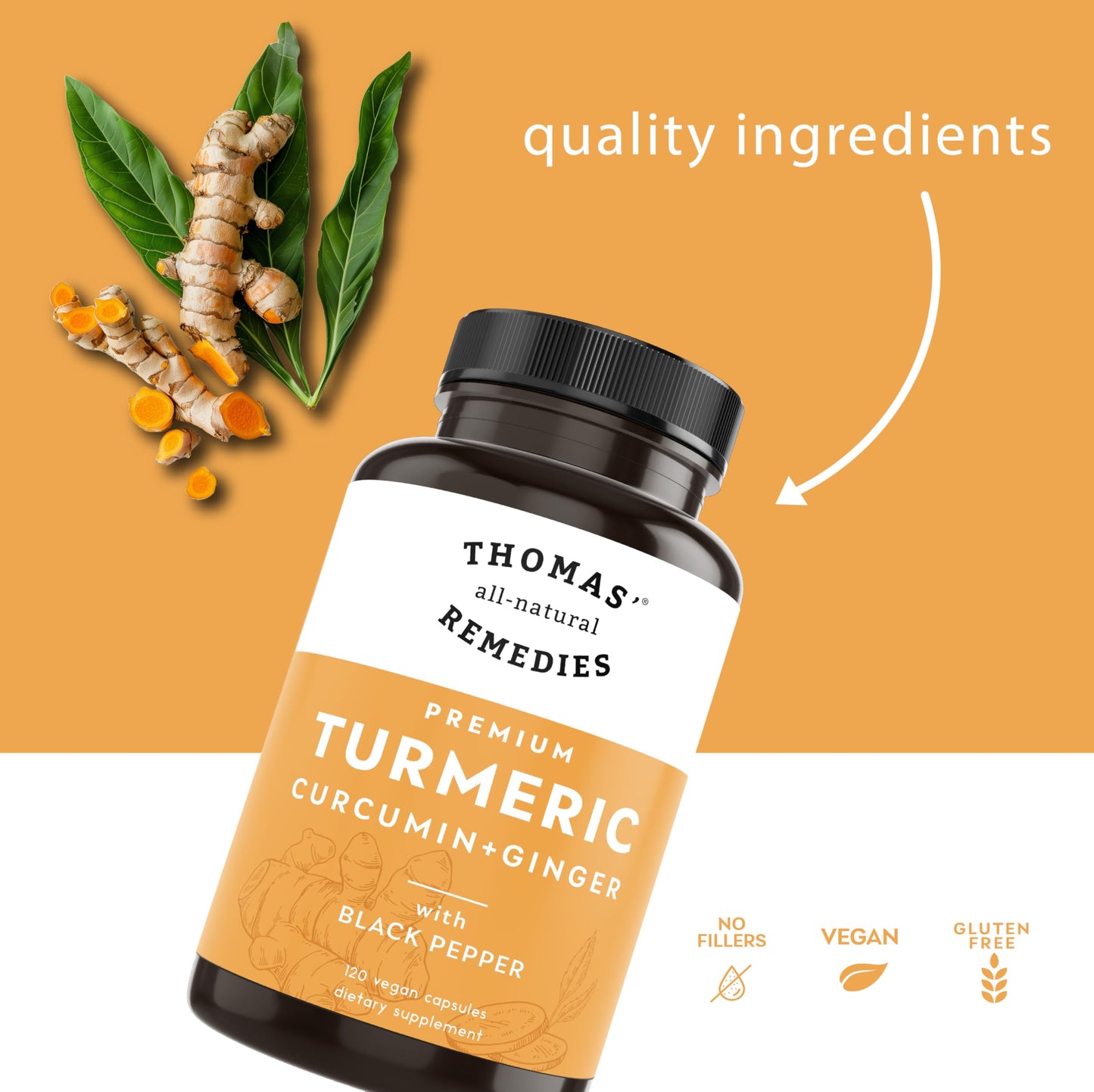 Thomas' All-Natural Turmeric Curcumin & Ginger with Black Pepper - Organic Turmeric Joint Support, 95% Curcumin, 120ct | Vegan