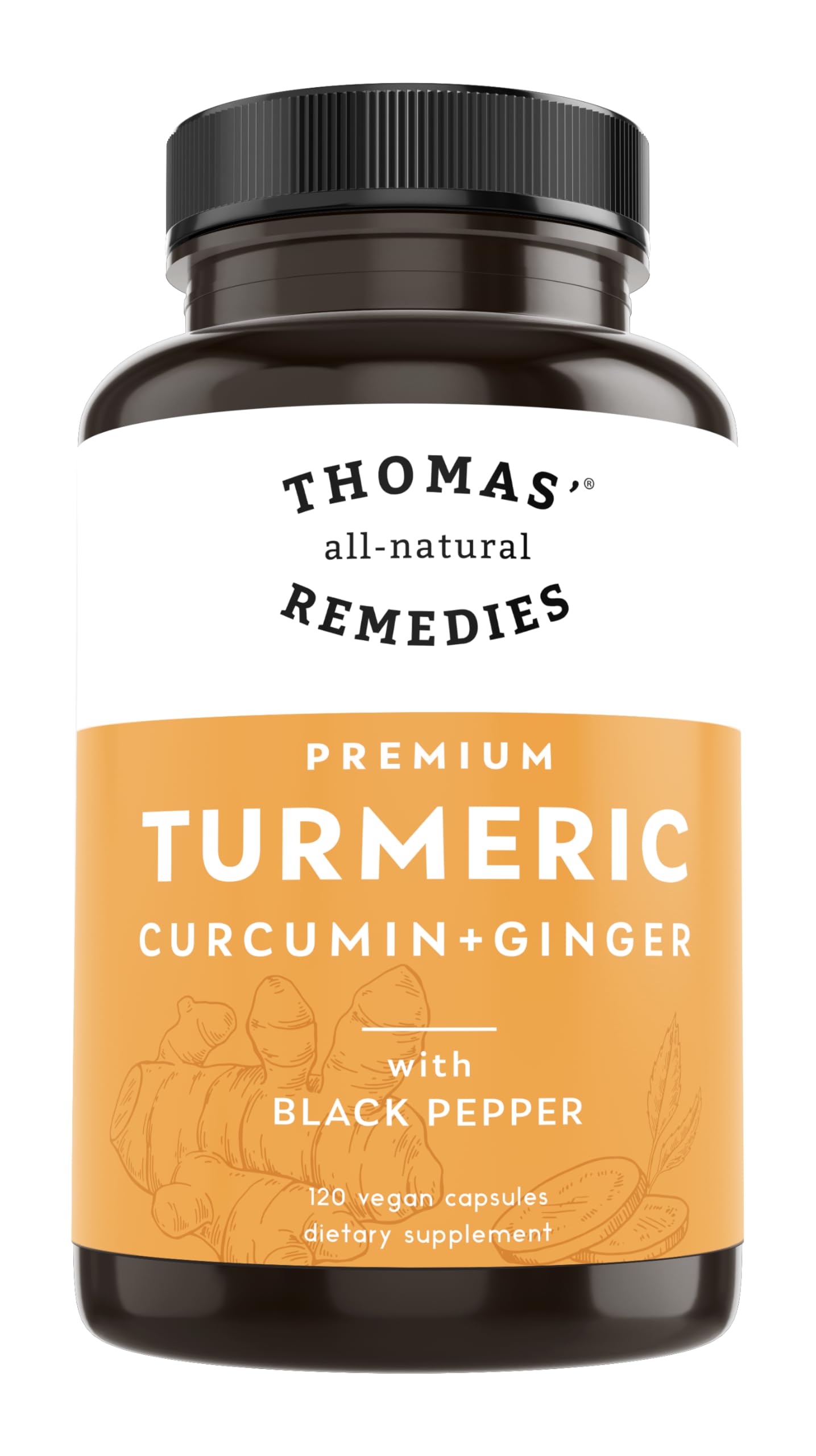 Thomas' All-Natural Turmeric Curcumin & Ginger with Black Pepper - Organic Turmeric Joint Support, 95% Curcumin, 120ct | Vegan