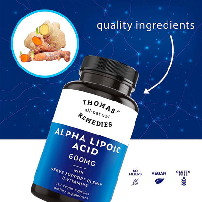 Thomas' All-Natural Remedies Alpha Lipoic Acid 600mg 120 Capsules with B-Vitamins Vegan No Fillers