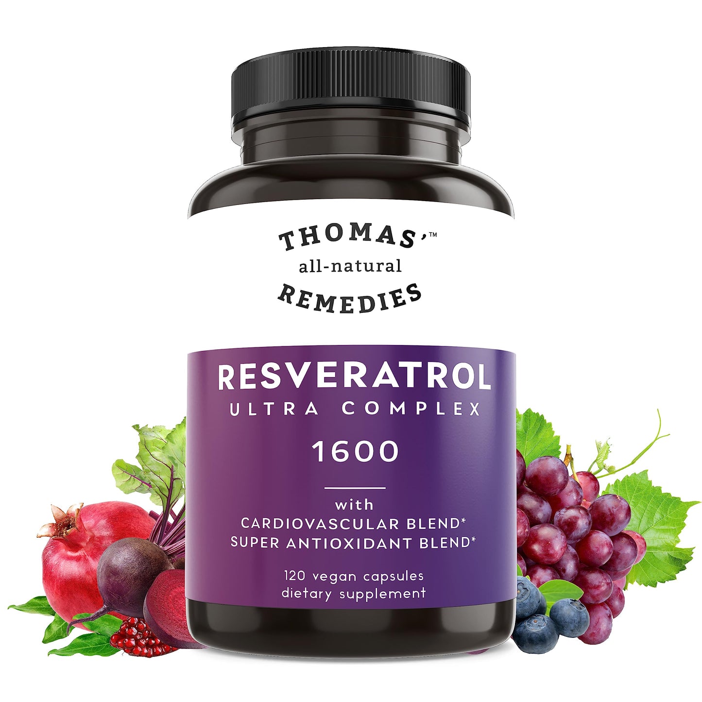 Thomas' All-Natural Resveratrol 1600mg – Organic Trans-Resveratrol with Grape Seed & Quercetin | Anti-Aging & Cardiovascular Support | 120 Capsules
