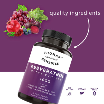 Thomas' All-Natural Resveratrol 1600mg – Organic Trans-Resveratrol with Grape Seed & Quercetin | Anti-Aging & Cardiovascular Support | 120 Capsules