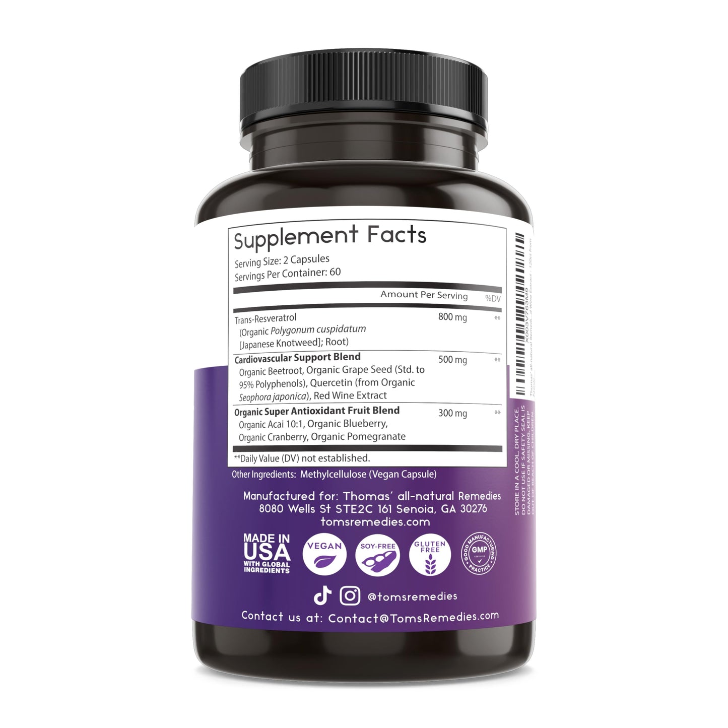Thomas' All-Natural Resveratrol 1600mg – Organic Trans-Resveratrol with Grape Seed & Quercetin | Anti-Aging & Cardiovascular Support | 120 Capsules