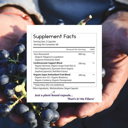 Thomas' All-Natural Resveratrol 1600mg – Organic Trans-Resveratrol with Grape Seed & Quercetin | Anti-Aging & Cardiovascular Support | 120 Capsules
