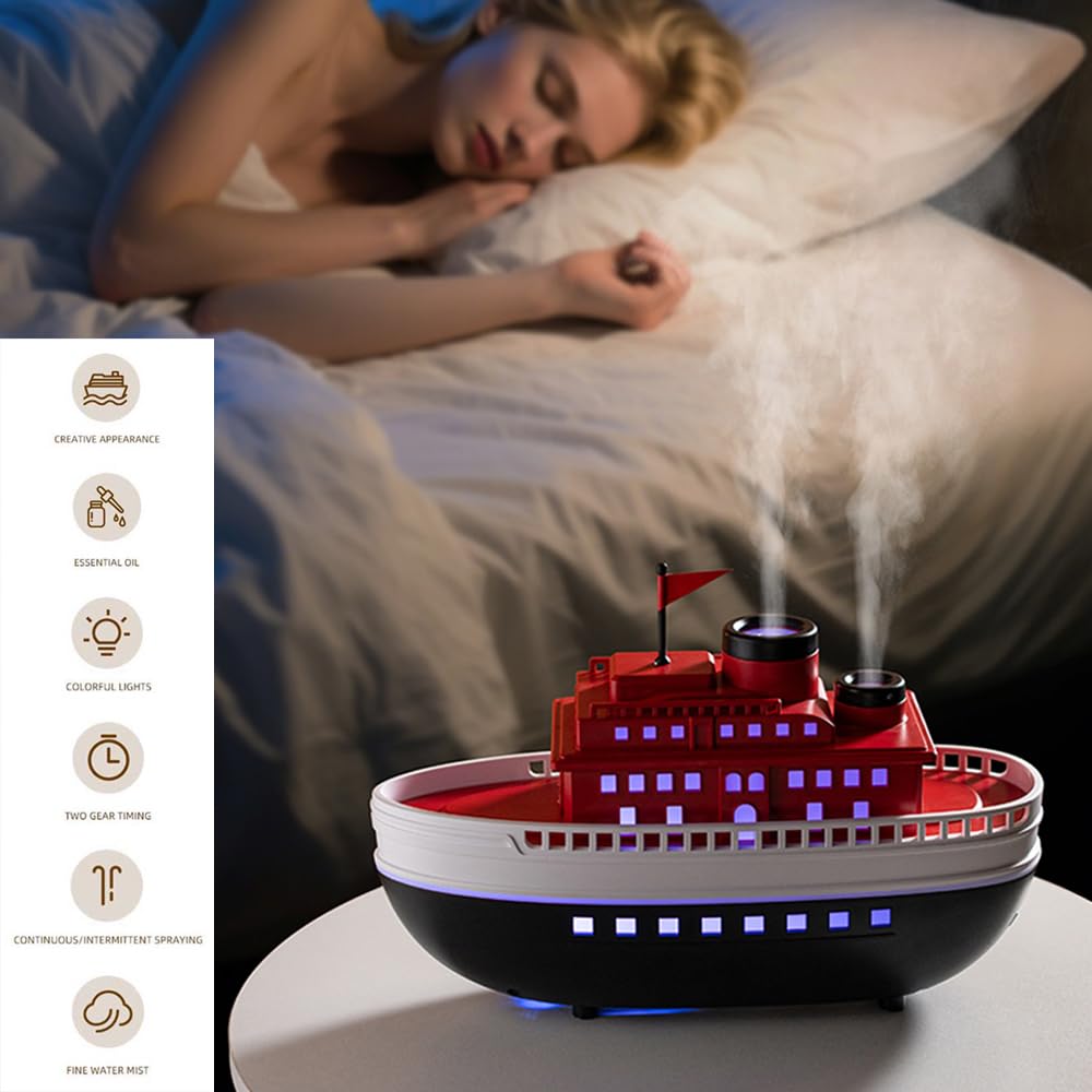 Thoughtalk 300ML Cartoon Ship Diffuser — Ultrasonic Cool Mist, 7-Color LED, Auto Shut-Off