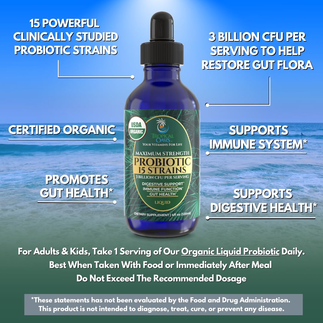 USDA Organic Liquid Probiotics for Men, Women & Kids – 15 Strains, 3B CFU, 98% Absorption, Vegan