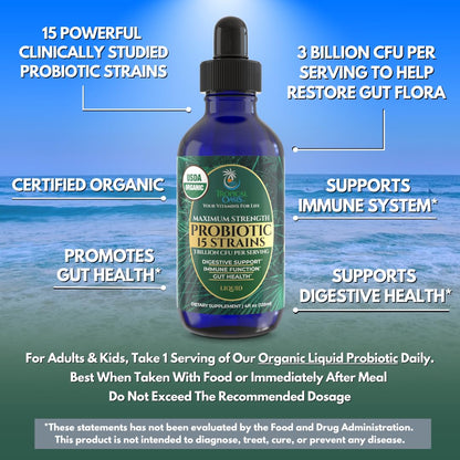 USDA Organic Liquid Probiotics for Men, Women & Kids – 15 Strains, 3B CFU, 98% Absorption, Vegan