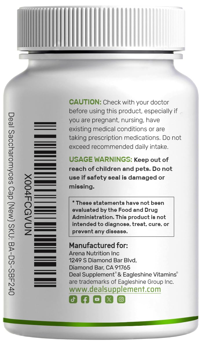 Saccharomyces Boulardii Probiotics + FOS – 10 Billion CFU, 240 Veggie Capsules | Gut, Immune & Digestive Health – Non-GMO