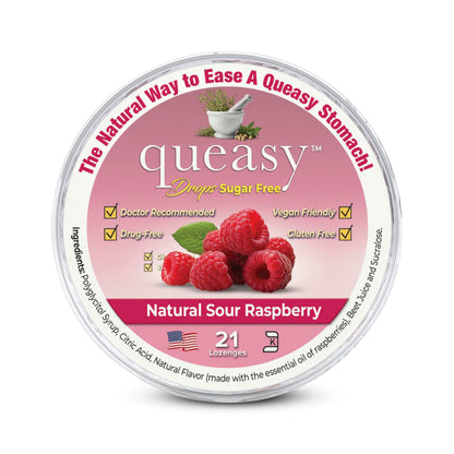 Three Lollies Queasy Drops Sugar Free - Natural Sour Raspberry, Nausea & Travel Support (21ct)