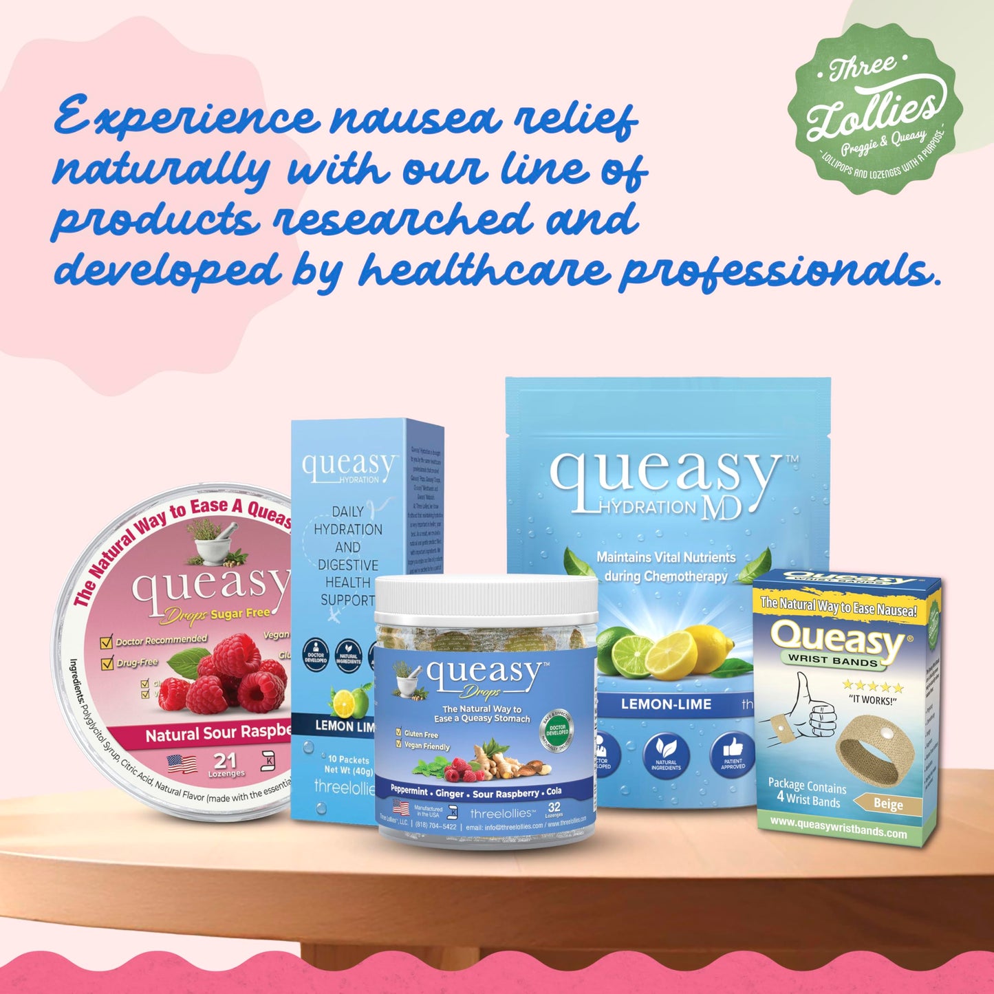 Three Lollies Queasy Drops - Natural Nausea Relief for Chemotherapy & Travel Sickness | 21 Count