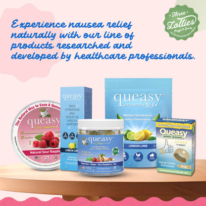 Three Lollies Queasy Drops - Natural Nausea Relief for Chemotherapy & Travel Sickness | 21 Count