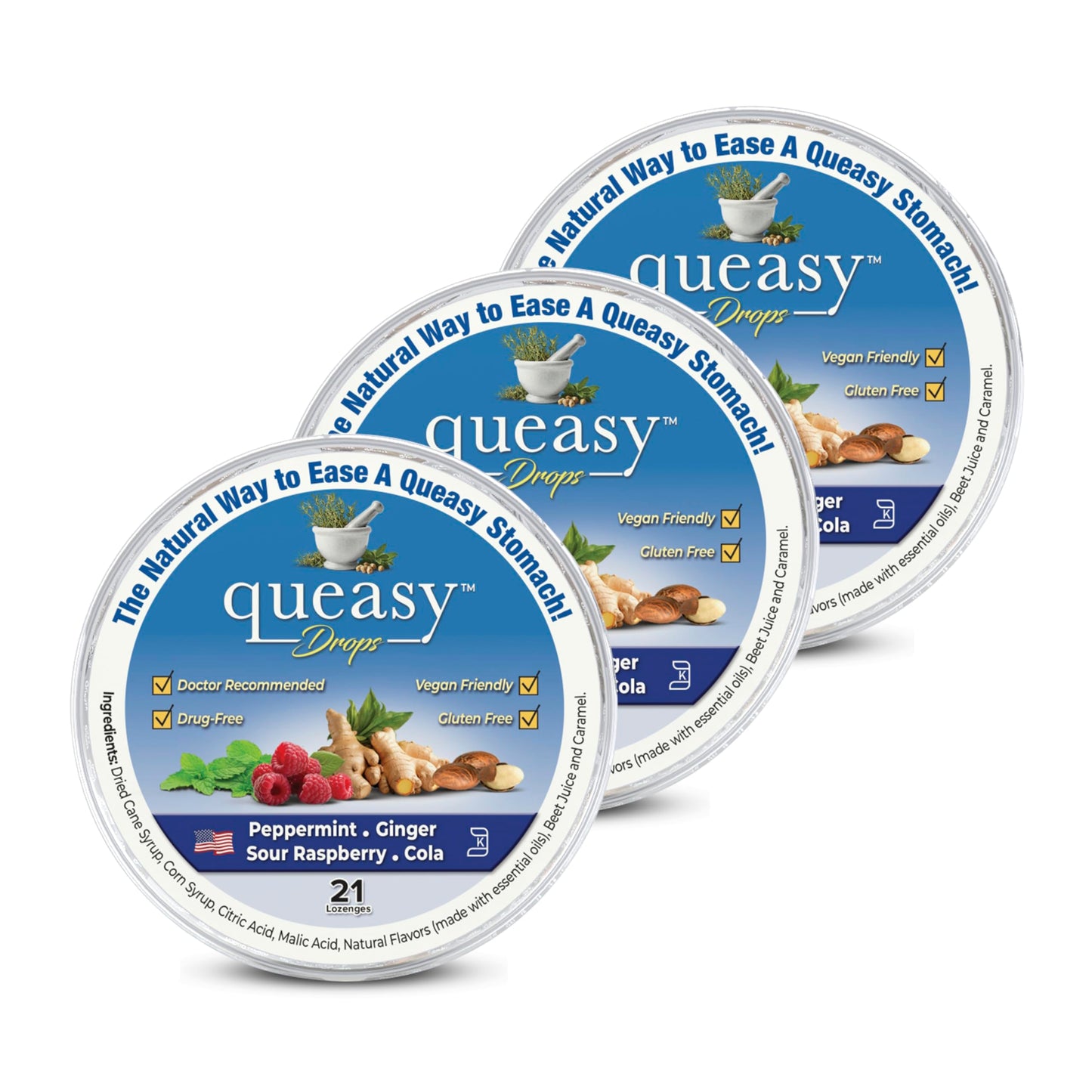 Three Lollies Queasy Drops – Nausea Relief, Travel Sickness, 4 Flavors, 21ct (Pack of 3)