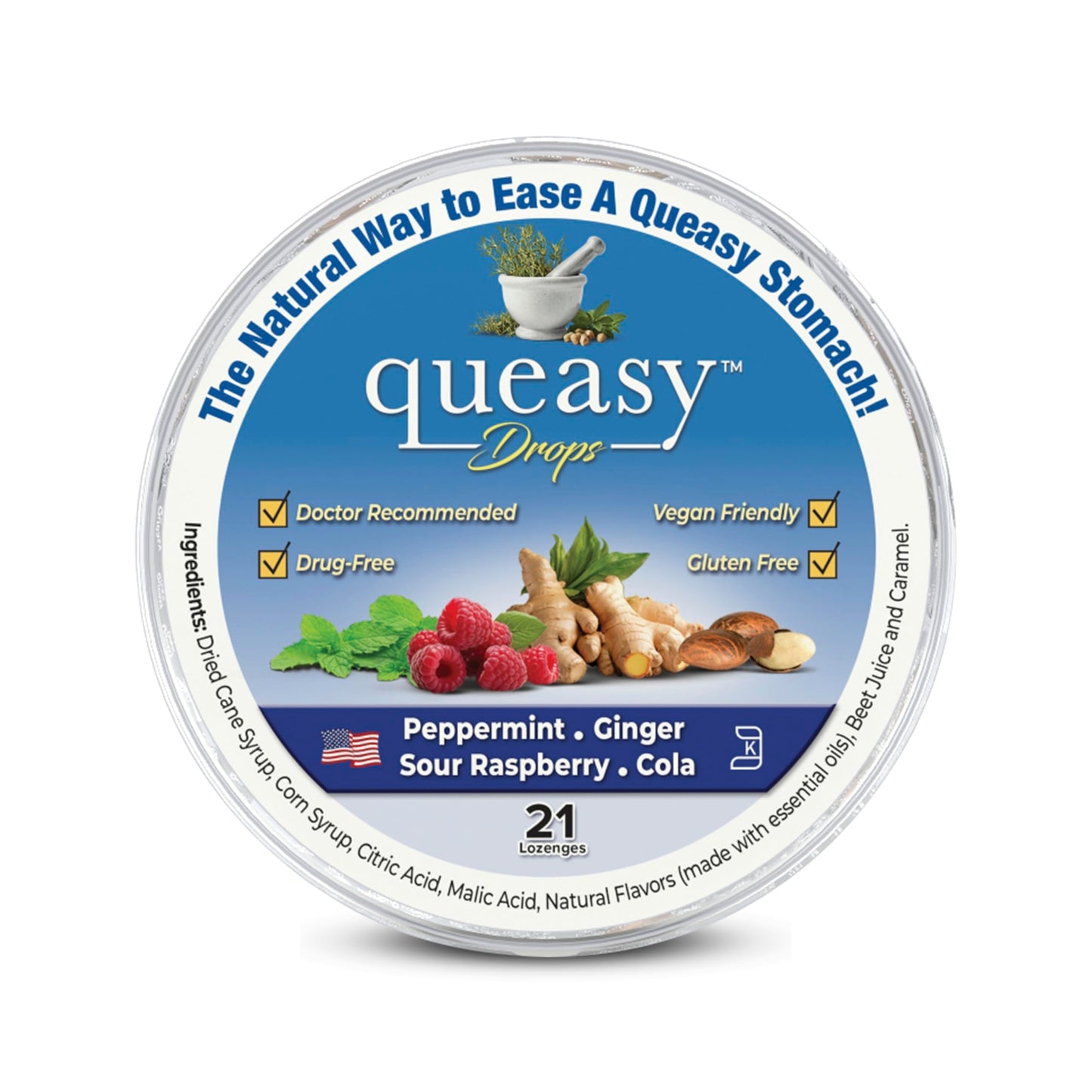 Three Lollies Queasy Drops - Natural Nausea Relief for Chemotherapy & Travel Sickness | 21 Count