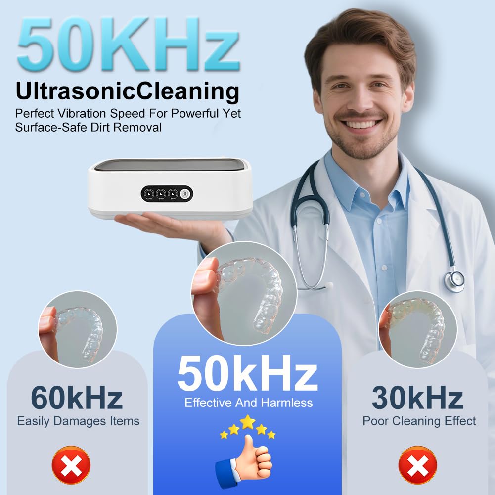 Ultrasonic Cleaner 50KHz, 650ml - Stainless Steel for Dentures, Glasses, Jewelry