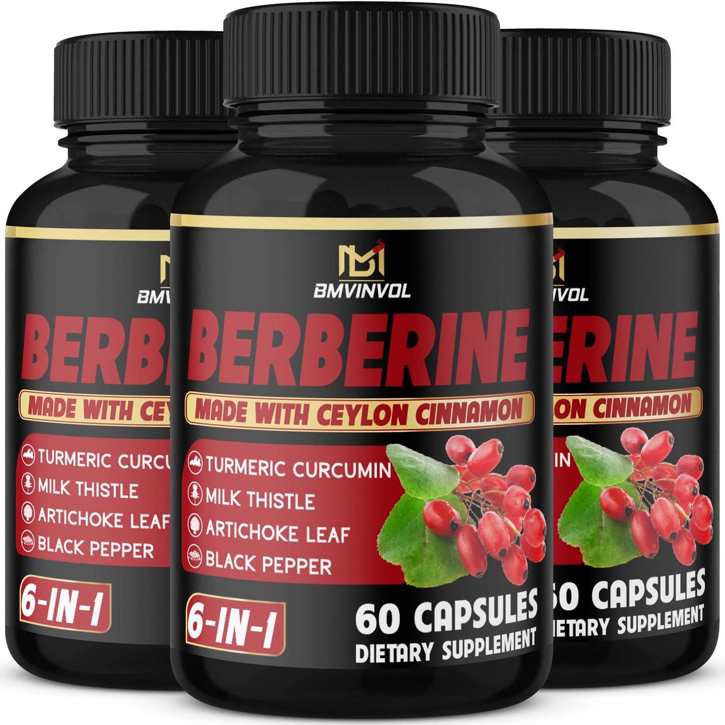 (3 Packs) Berberine Supplement Plus Ceylon Cinnamon, Milk Thistle, Turmeric, Artichoke Leaf, Black Pepper - 6 Month Supply