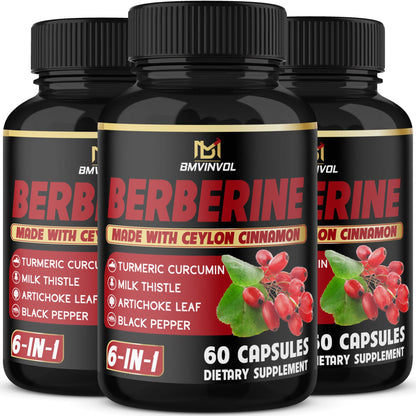 (3 Packs) Berberine Supplement Plus Ceylon Cinnamon, Milk Thistle, Turmeric, Artichoke Leaf, Black Pepper - 6 Month Supply