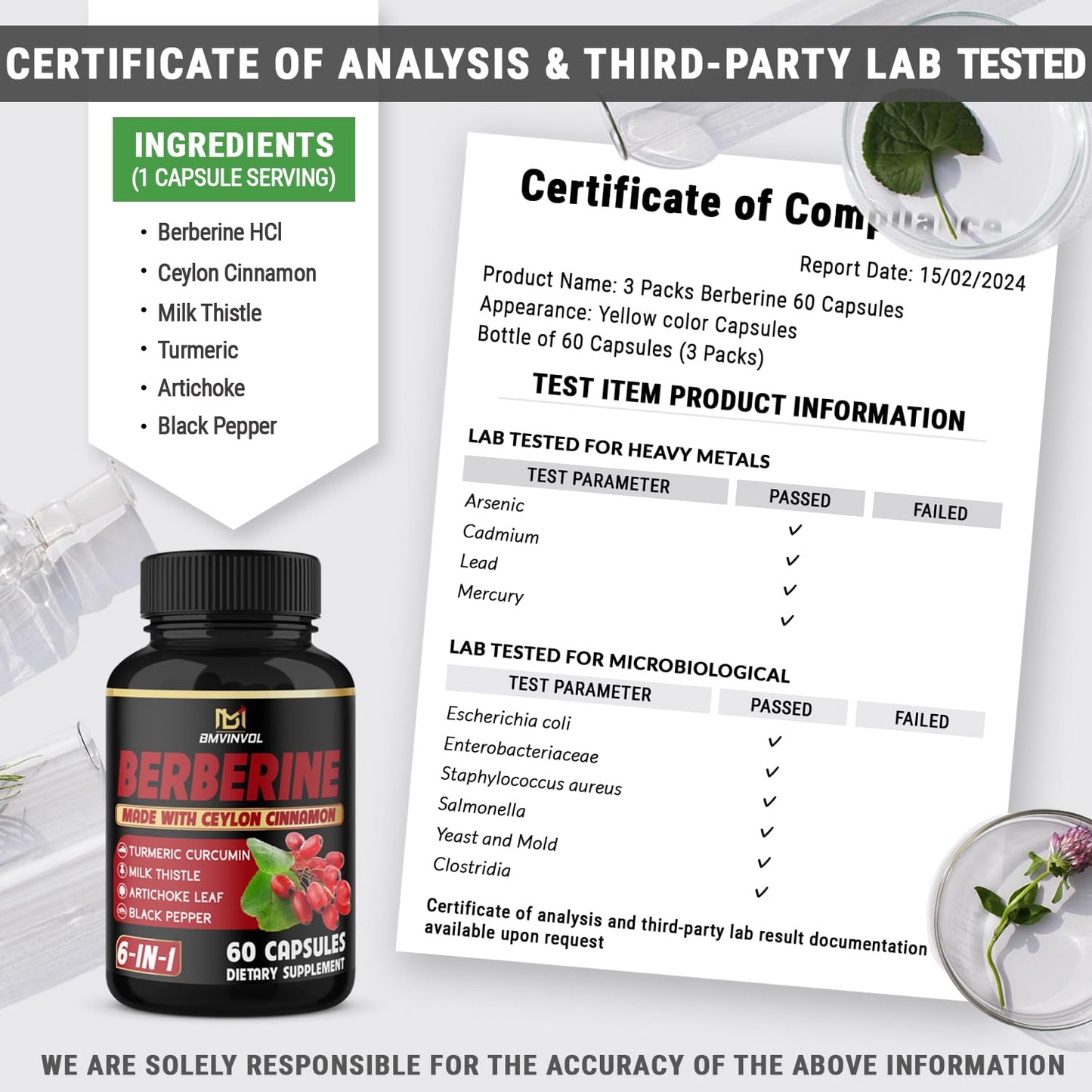(3 Packs) Berberine Supplement Plus Ceylon Cinnamon, Milk Thistle, Turmeric, Artichoke Leaf, Black Pepper - 6 Month Supply
