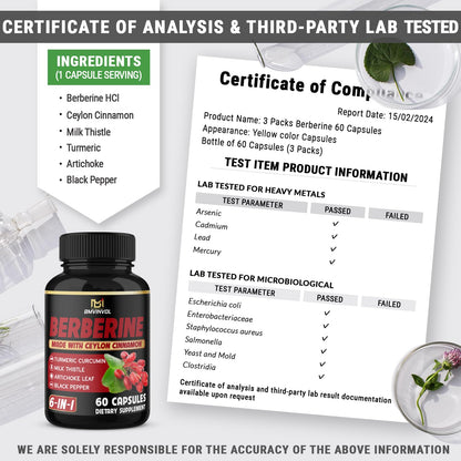 (3 Packs) Berberine Supplement Plus Ceylon Cinnamon, Milk Thistle, Turmeric, Artichoke Leaf, Black Pepper - 6 Month Supply