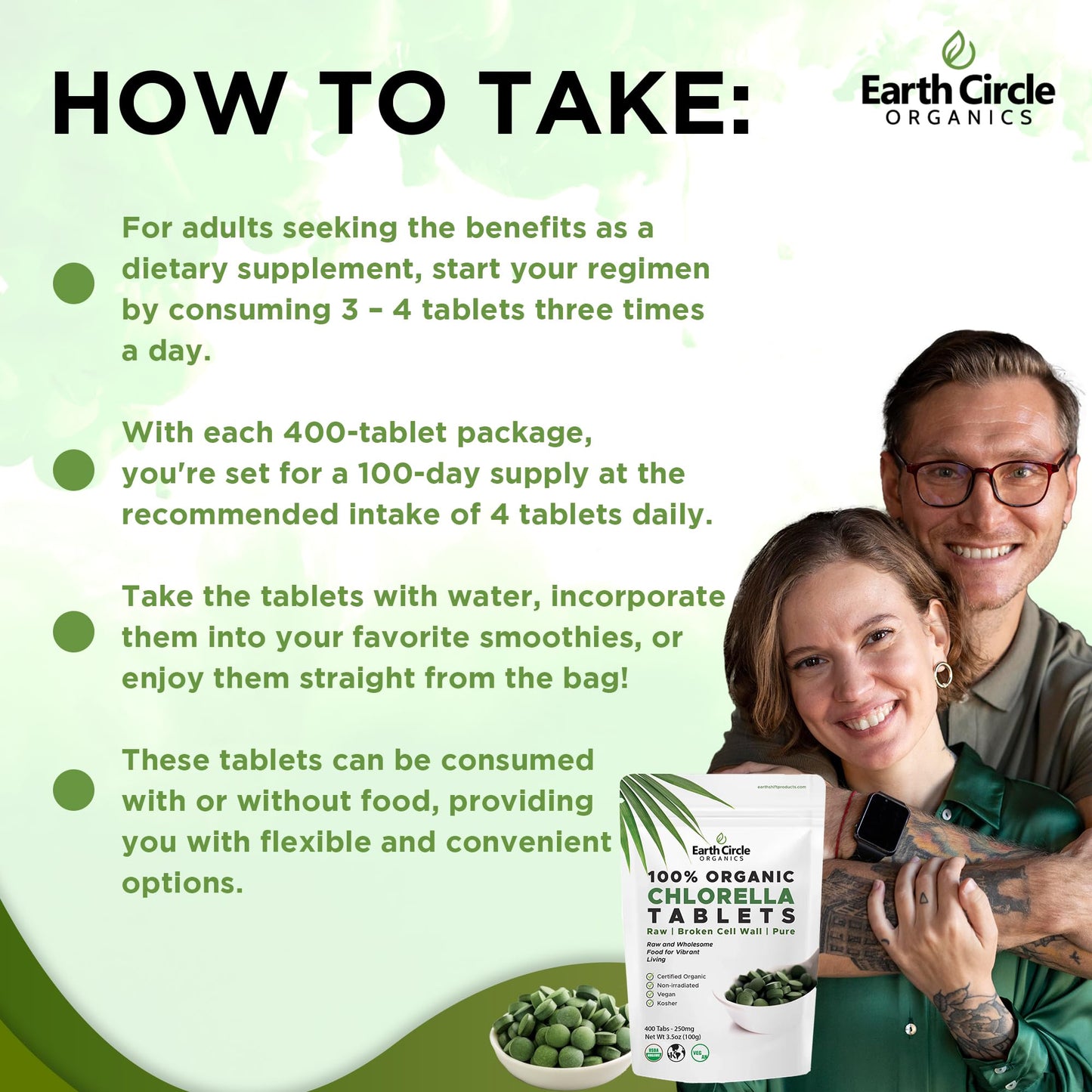 Earth Circle Organics Organic Chlorella Tablets 400 Count – High Potency, Broken Cell Wall, Vegan & Kosher | Pack of 3