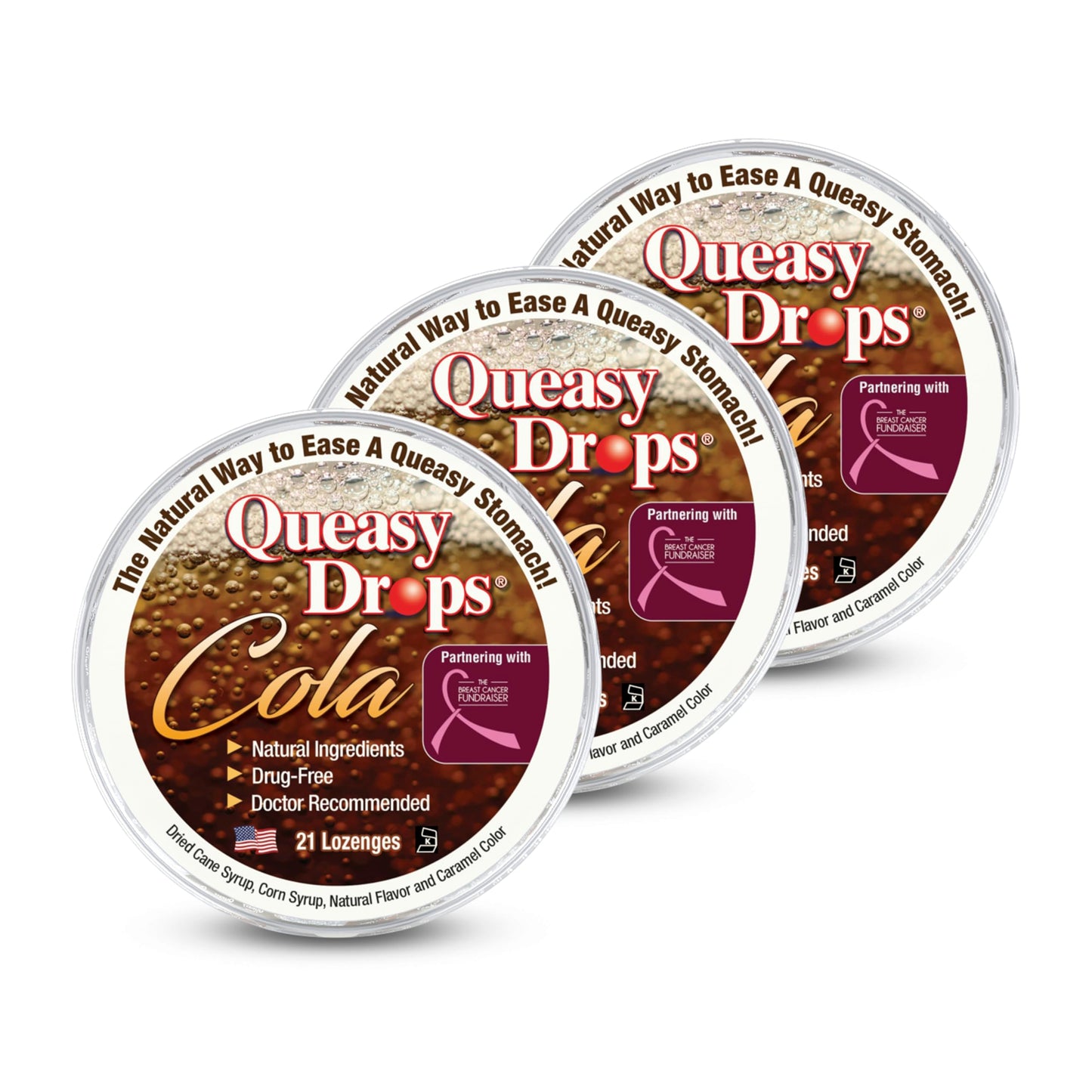 Three Lollies Queasy Drops Cola Flavor – Nausea & Travel Sickness Relief, Dry Mouth Soothing (21 ct, 3-Pack)
