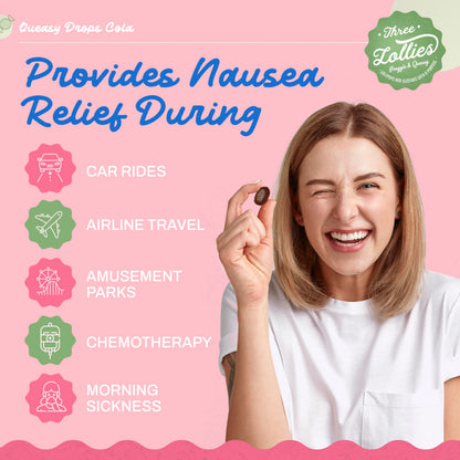 Three Lollies Queasy Drops Cola Flavor – Nausea & Travel Sickness Relief, Dry Mouth Soothing (21 ct, 3-Pack)