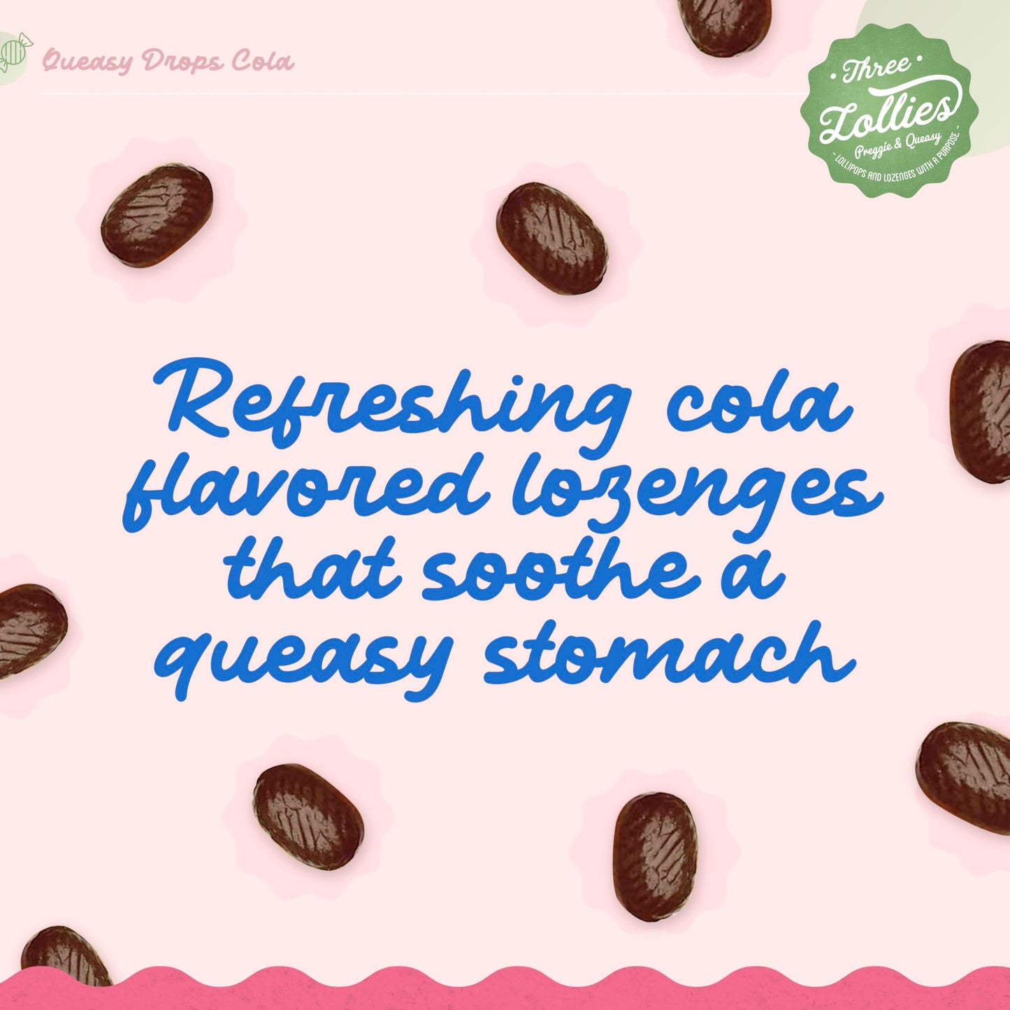 Three Lollies Queasy Drops Cola Flavor – Nausea & Travel Sickness Relief, Dry Mouth Soothing (21 ct, 3-Pack)