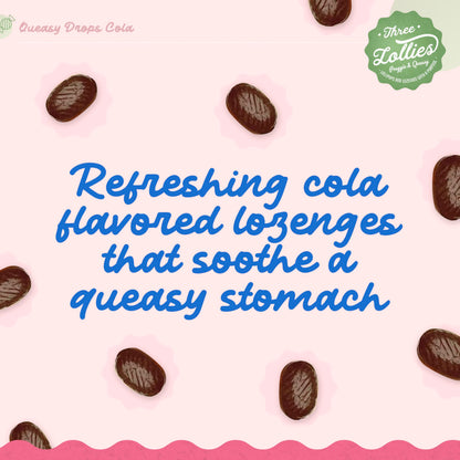 Three Lollies Queasy Drops Cola Flavor – Nausea & Travel Sickness Relief, Dry Mouth Soothing (21 ct, 3-Pack)