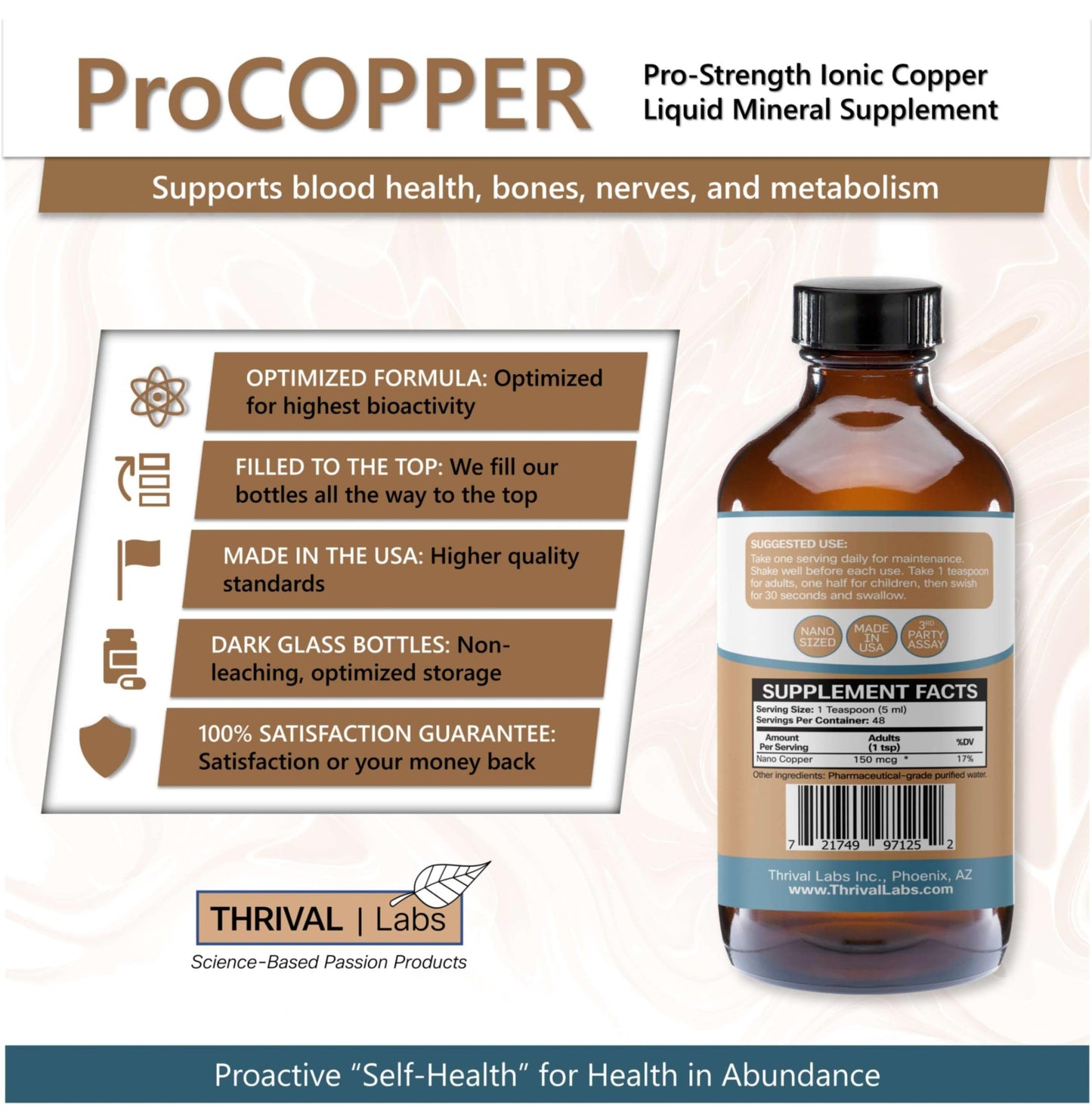 Thrival Labs Ionic Copper Drops (30 PPM) – Hair, Skin, Nails & Bone Health – 16oz Glass Bottle