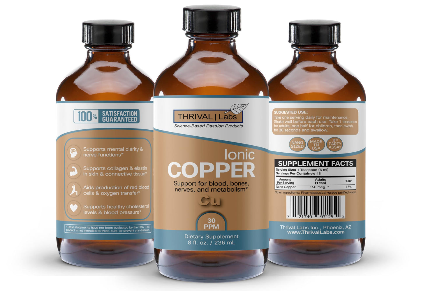 Thrival Labs Ionic Copper Drops (30 PPM) – Hair, Skin, Nails & Bone Health – 16oz Glass Bottle
