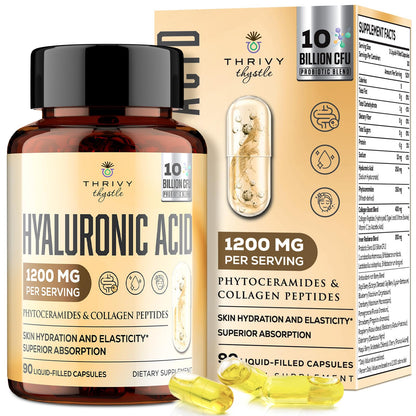 ThrivyThystle 19-in-1 Hyaluronic Acid Capsules 1200 mg | Collagen Peptides, Phytoceramides, Vitamin C for Skin, Eyes, Digestion, Bones (1 Pack)