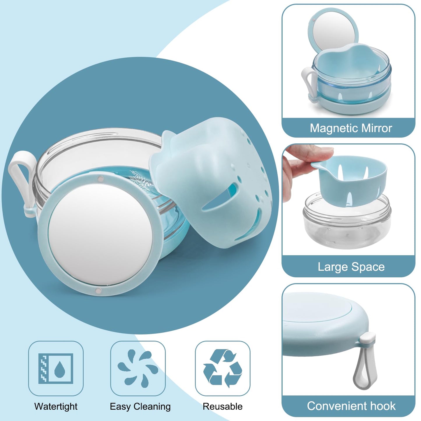 THSTOIC Denture Case & Cup – Travel Retainer with Mirror (Blue)