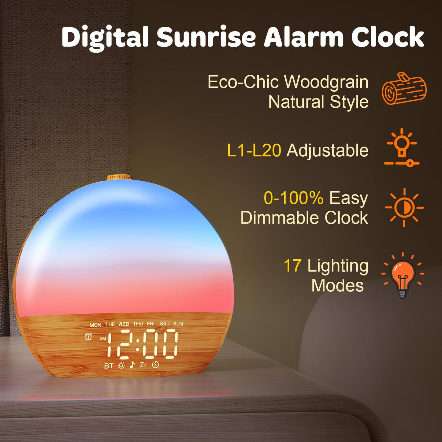 Thybro Sunrise Alarm Clock with Sunrise Light, Bluetooth & 30 Sleep Sounds | Wood Grain