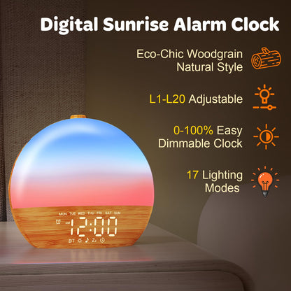Thybro Sunrise Alarm Clock with Sunrise Light, Bluetooth & 30 Sleep Sounds | Wood Grain