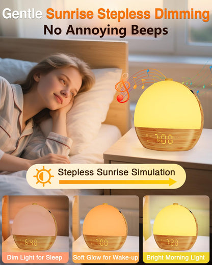 Thybro Sunrise Alarm Clock with Sunrise Light, Bluetooth & 30 Sleep Sounds | Wood Grain