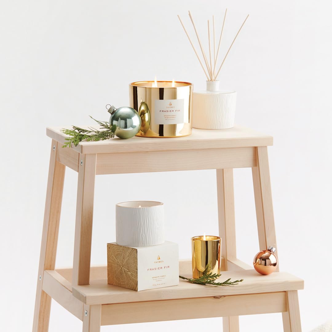 Thymes Frasier Fir Candle – Gilded Collection | Wood Grain Ceramic, 24K Gold Rim, 6 oz Petite