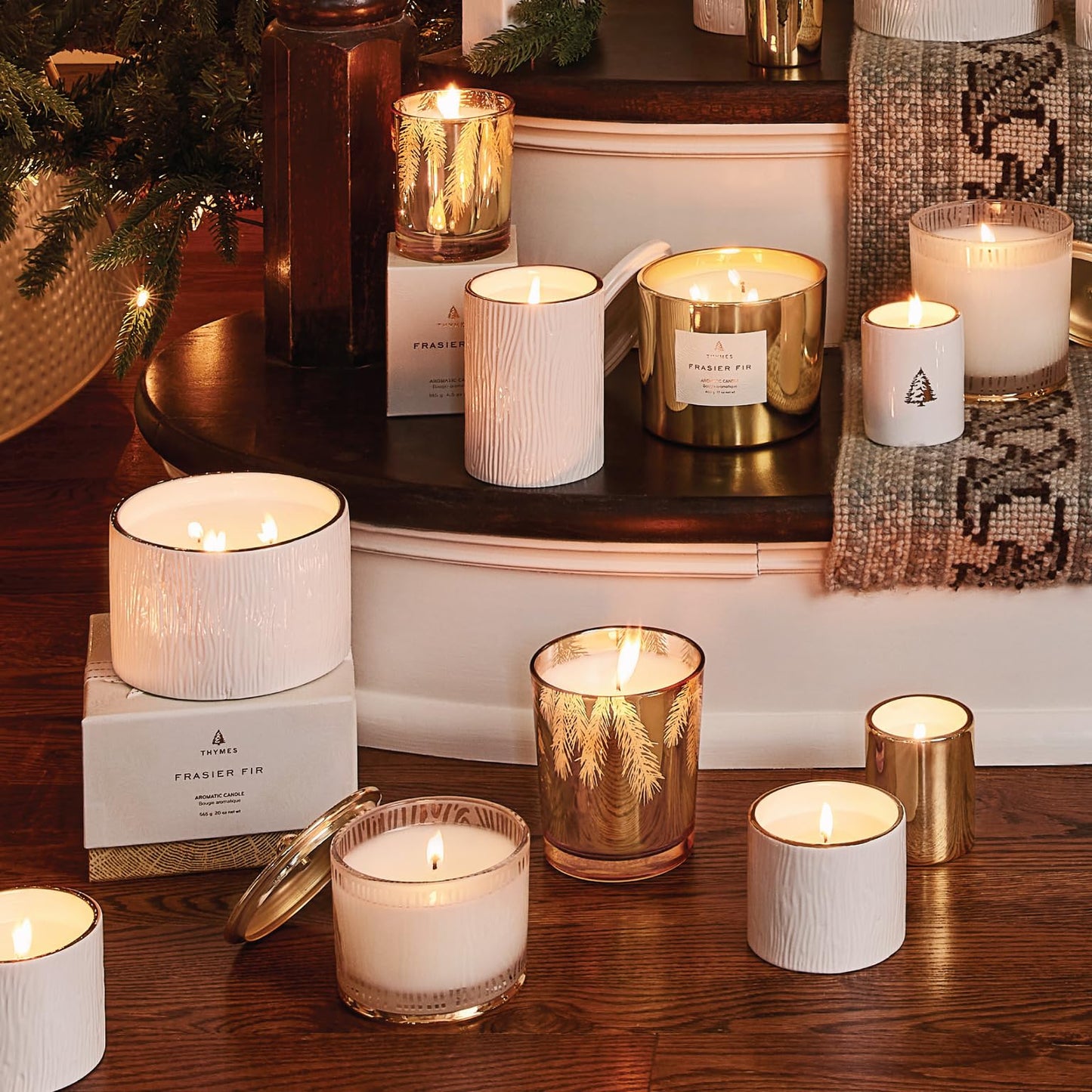Thymes Frasier Fir Candle – Gilded Collection | Wood Grain Ceramic, 24K Gold Rim, 6 oz Petite