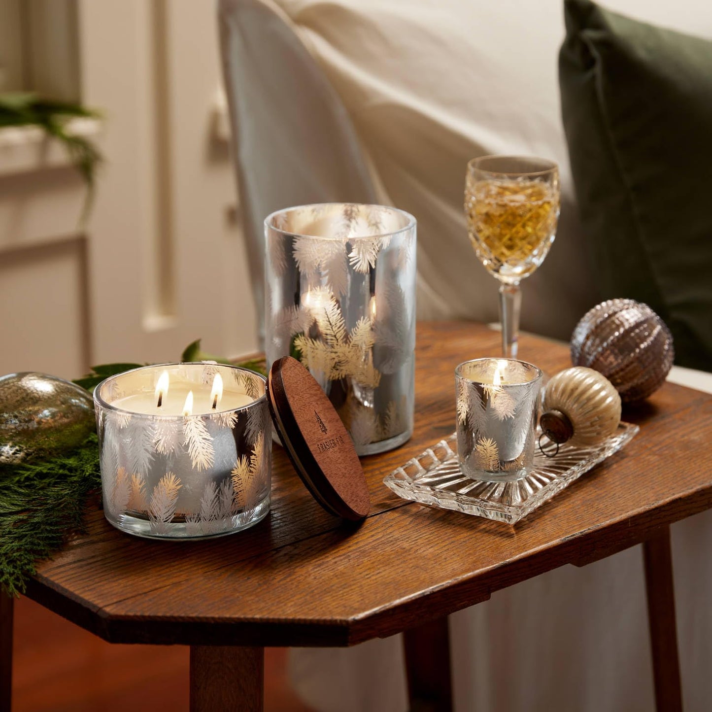 Thymes Frasier Fir Candles - Silver Pine Needle Luminary, 20 oz | Statement Collection
