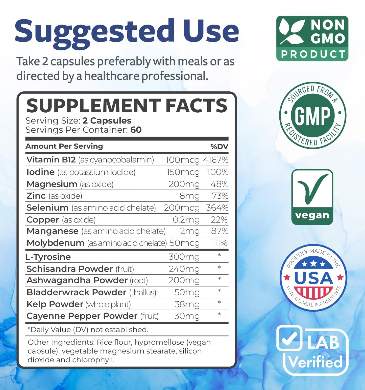 Thyroid Support with Iodine - 120 Capsules (Non-GMO) | 60 Day Supply