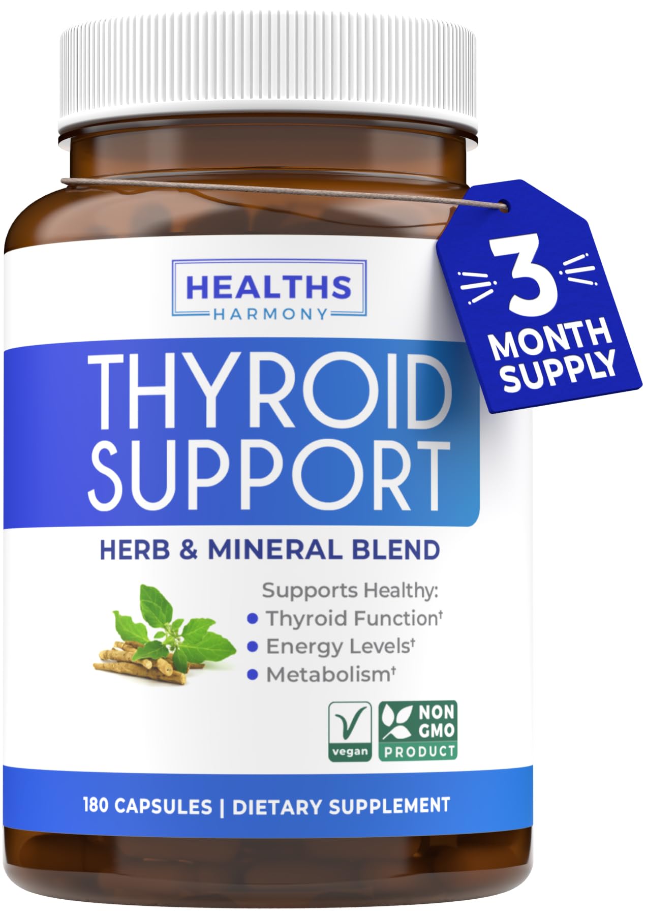 Thyroid Support with Iodine - 180 Capsules (Non-GMO) – 90 Day Supply
