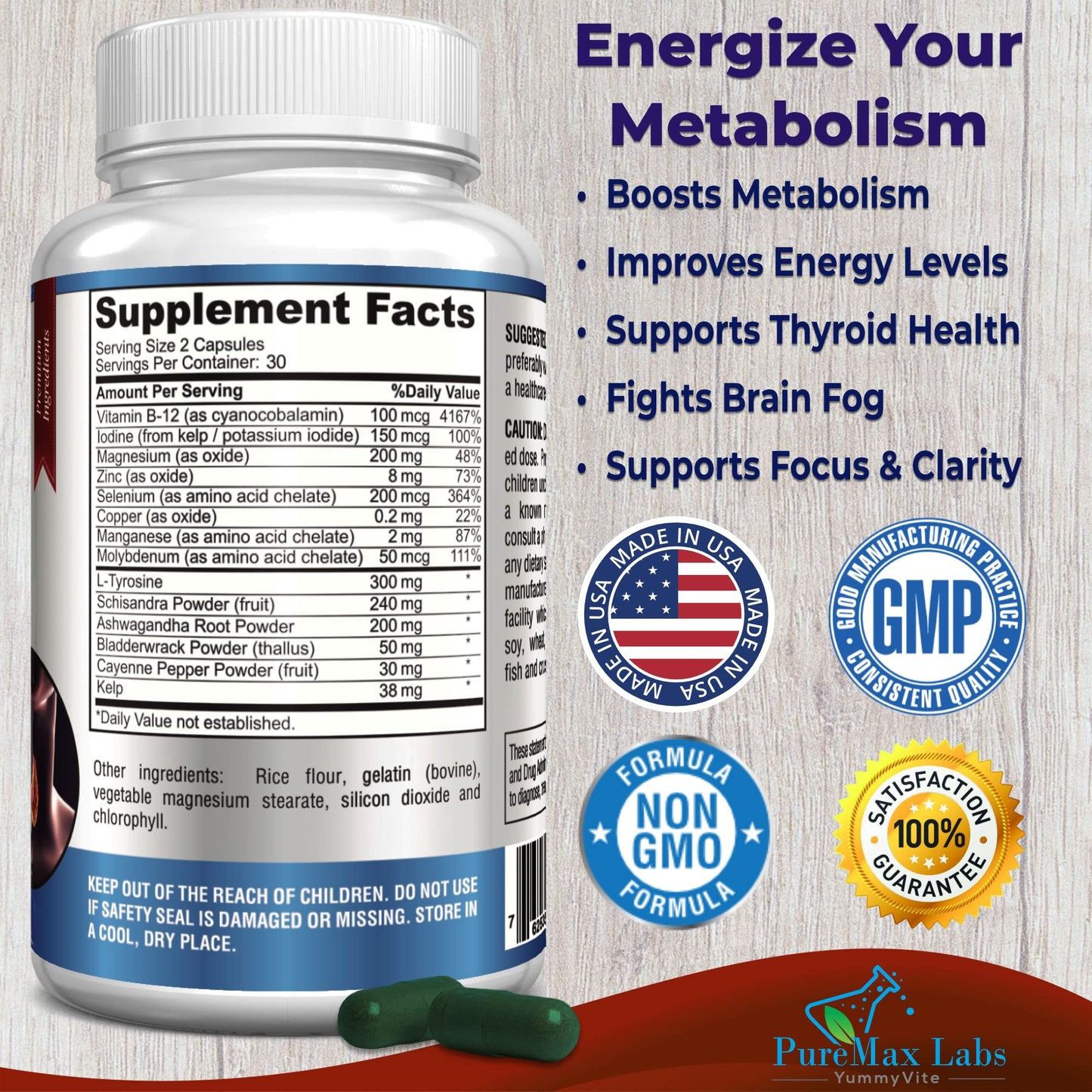 Thyroid Support with Iodine - Metabolism & Focus Booster | 60 Capsules | Non-GMO