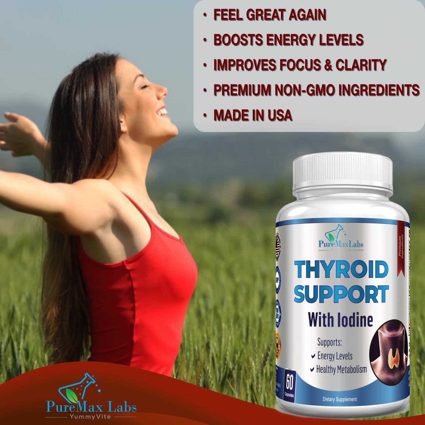 Thyroid Support with Iodine - Metabolism & Focus Booster | 60 Capsules | Non-GMO