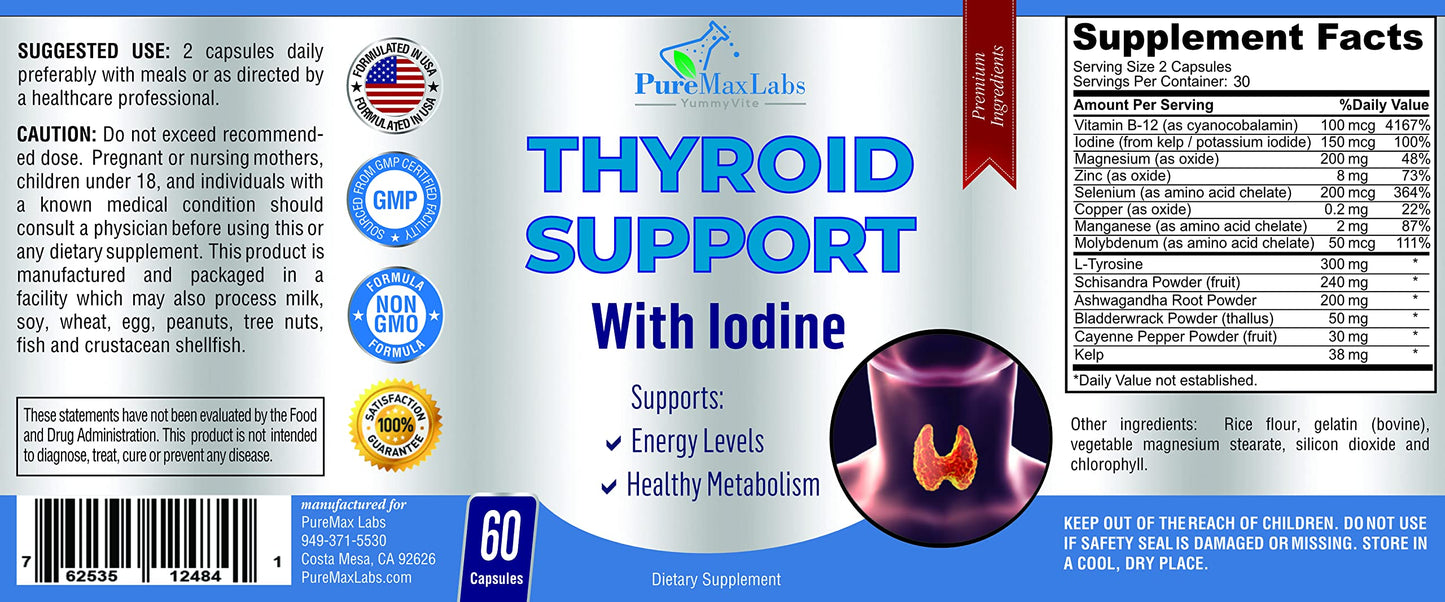 Thyroid Support with Iodine - Metabolism & Focus Booster | 60 Capsules | Non-GMO