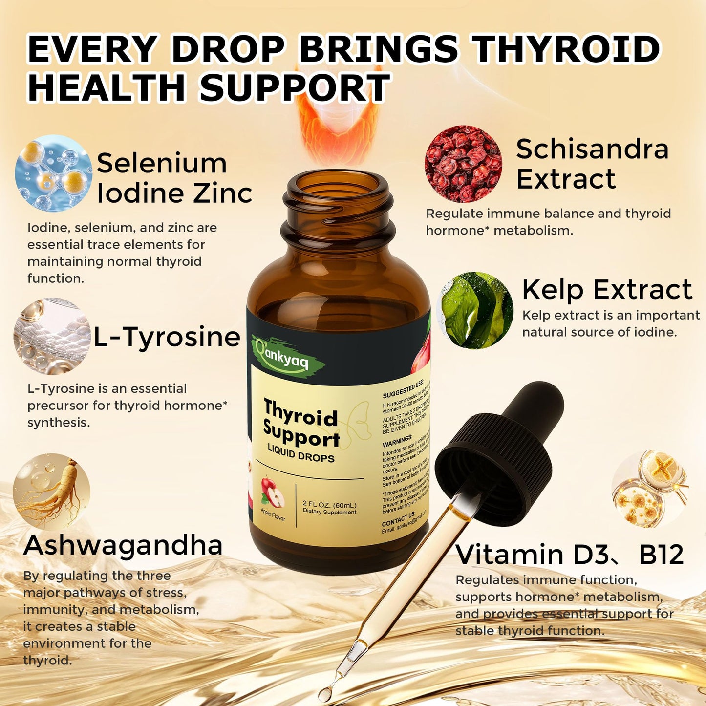 Thyroid Support Liquid Drops for Women | Iodine, Selenium, Zinc, L-Tyrosine & Ashwagandha | Metabolism, Hormone Balance & Immune Support | 60ml
