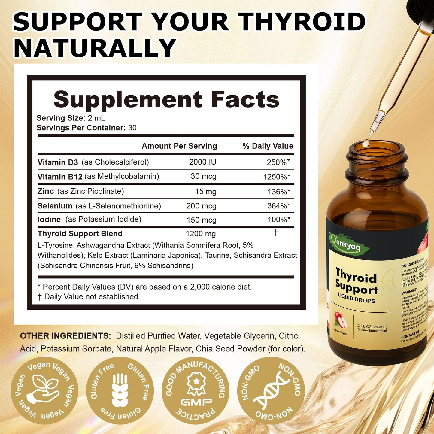 Thyroid Support Liquid Drops for Women | Iodine, Selenium, Zinc, L-Tyrosine & Ashwagandha | Metabolism, Hormone Balance & Immune Support | 60ml
