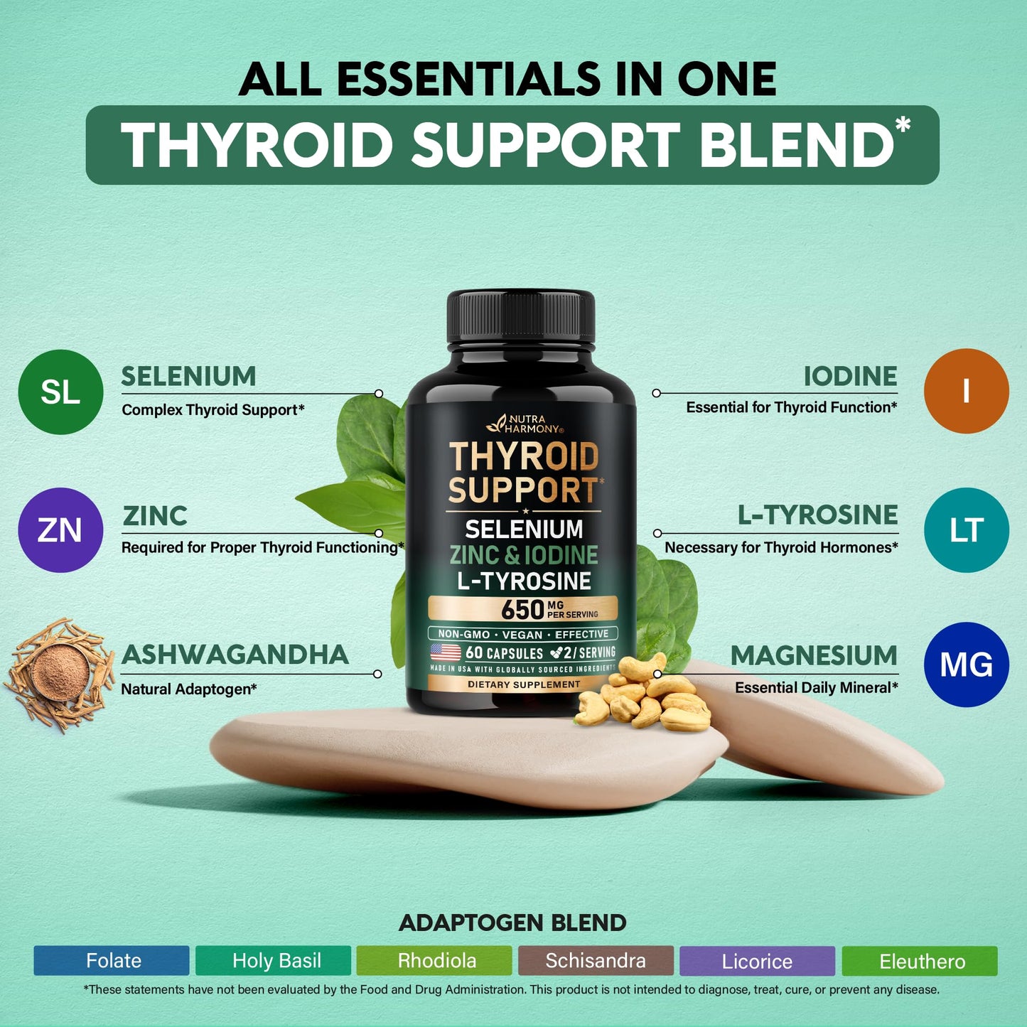 Thyroid Support for Women - Selenium 200 mcg & 21-in-1 Formula | USA