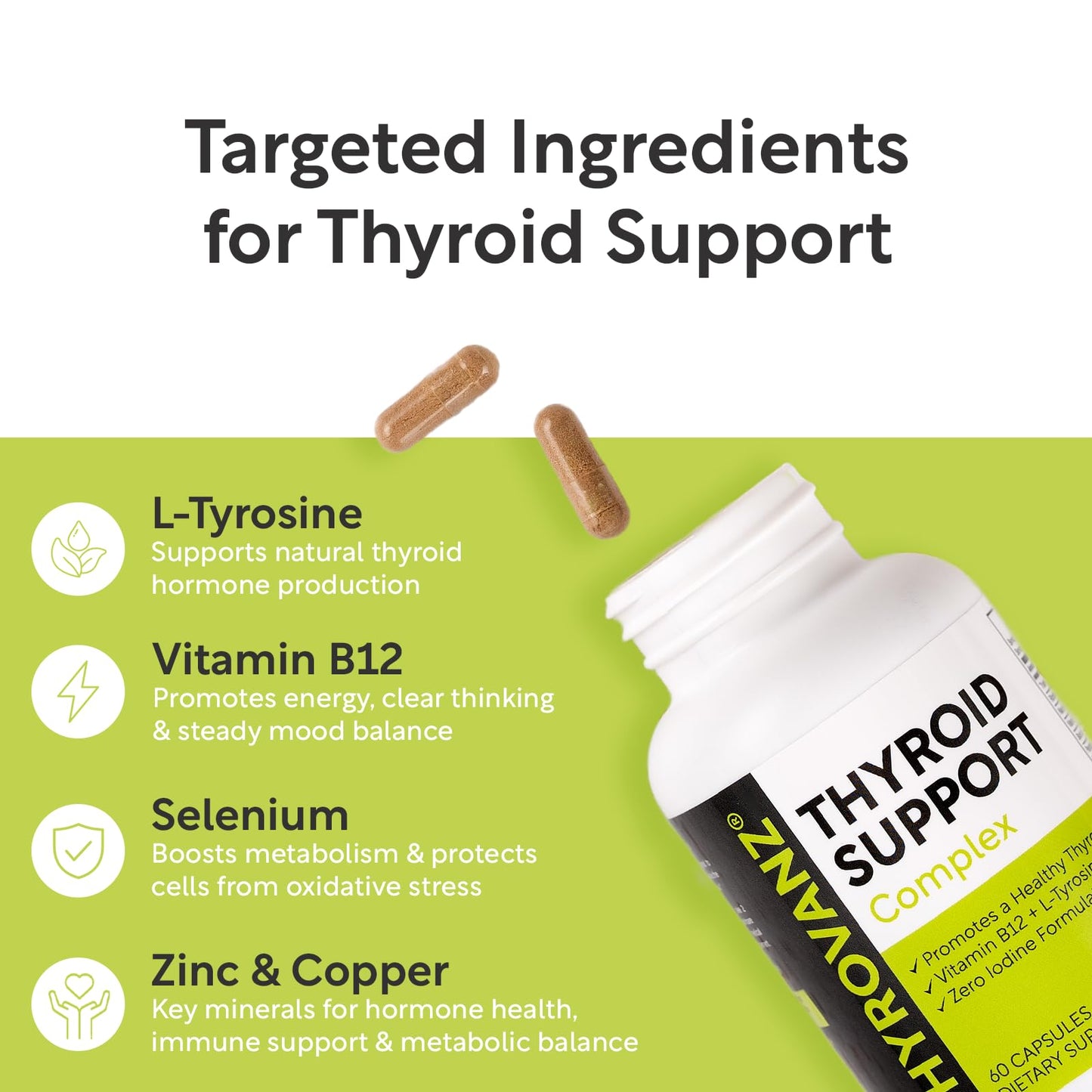 THYROVANZ Thyroid Support Complex (60 Capsules) – 0% Iodine, Made in USA, Non-GMO
