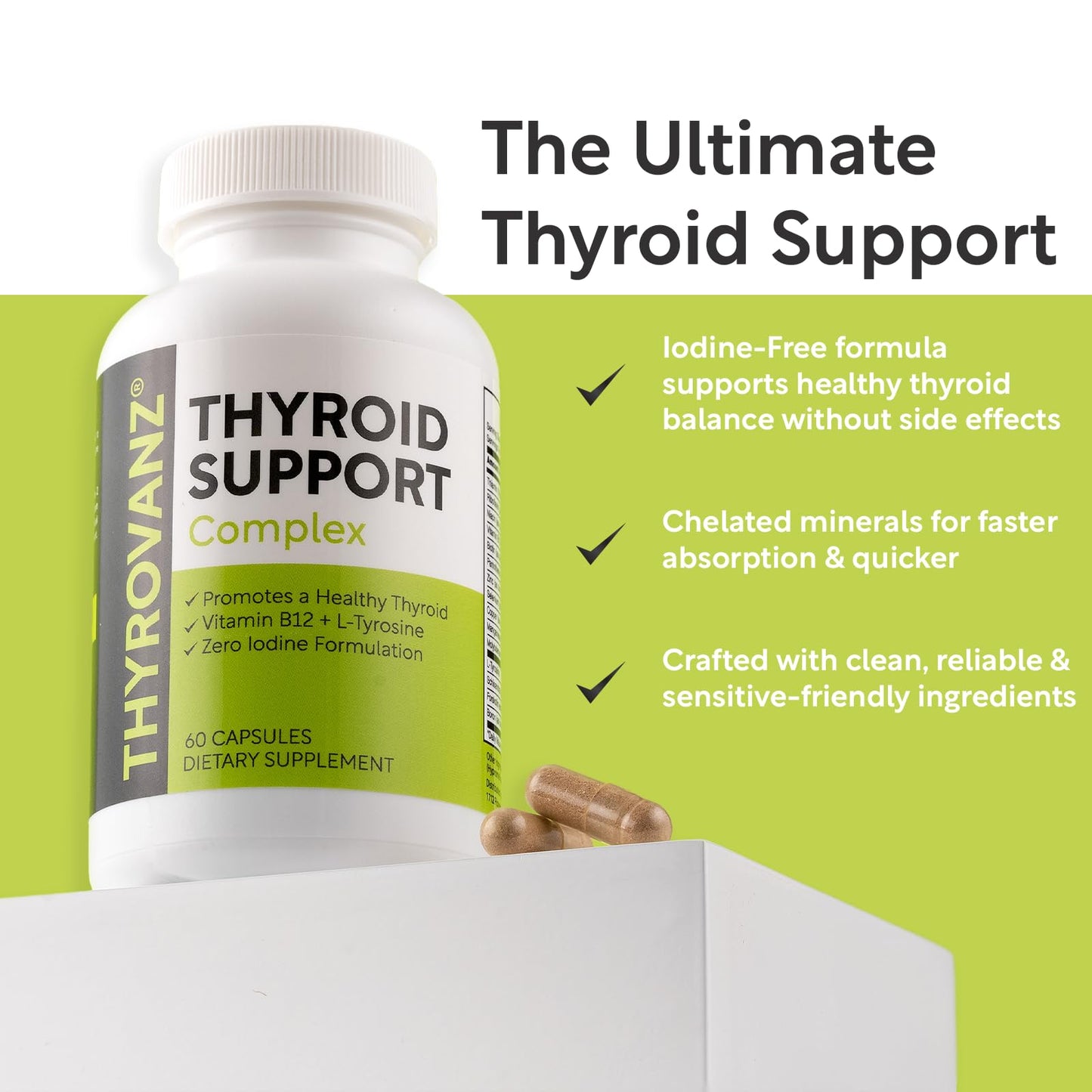 THYROVANZ Thyroid Support Complex (60 Capsules) – 0% Iodine, Made in USA, Non-GMO