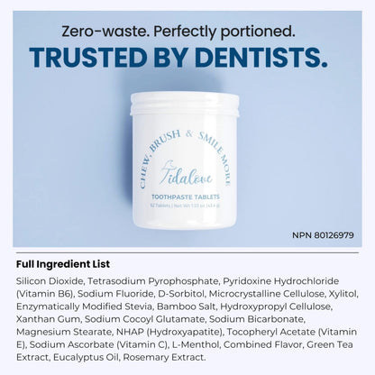 Tidalove Smile More Toothpaste Tablets with Fluoride & Hydroxyapatite (nHAp) – Vegan, Plastic-Free Tin